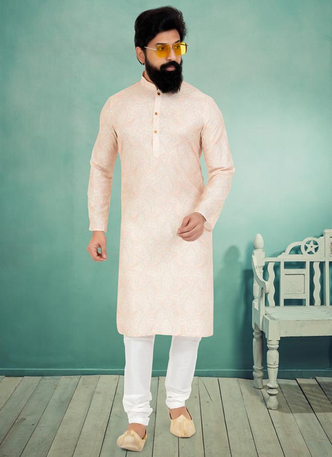 Dhupion Silk Peach Festival Wear Printed Readymade Kurta Pajama